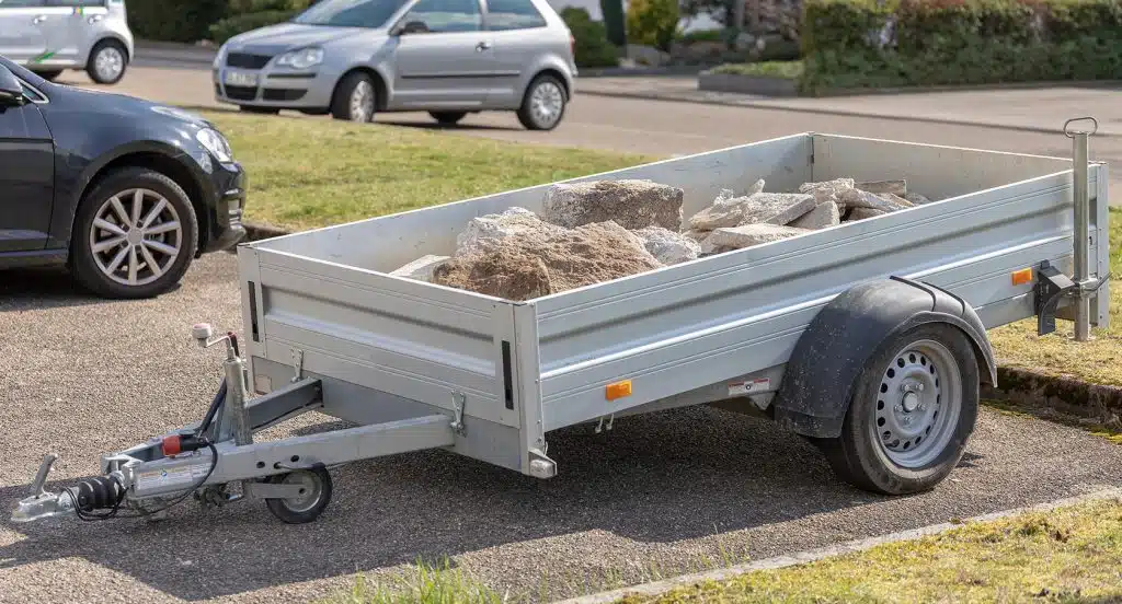Ein Anhänger steht auf einem Parkplatz