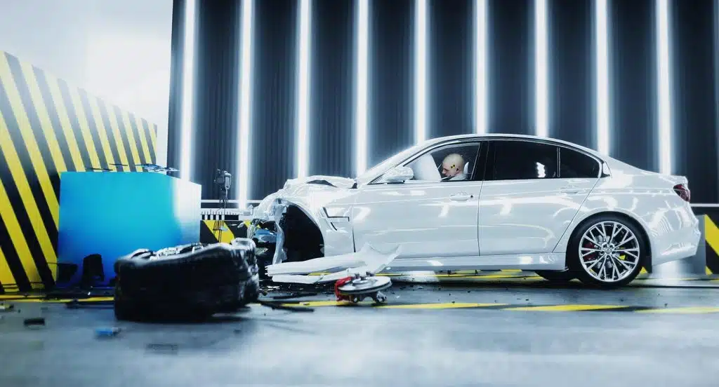 Auto mit einem Dummy bei einem Crashtest, der die Sicherheit und den Schutz bei einem Zusammenstoß überprüft.
