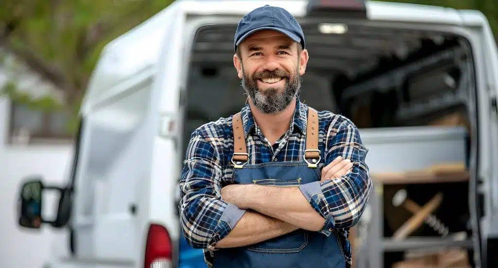 Handwerker steht mit verschränkten Armen vor einem Lieferwagen