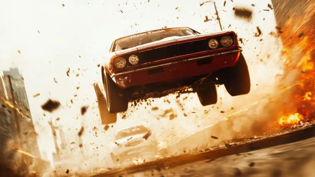 Rasante Verfolgungsjagd: Ein klassisches Muscle-Car rast durch eine urbane Explosion