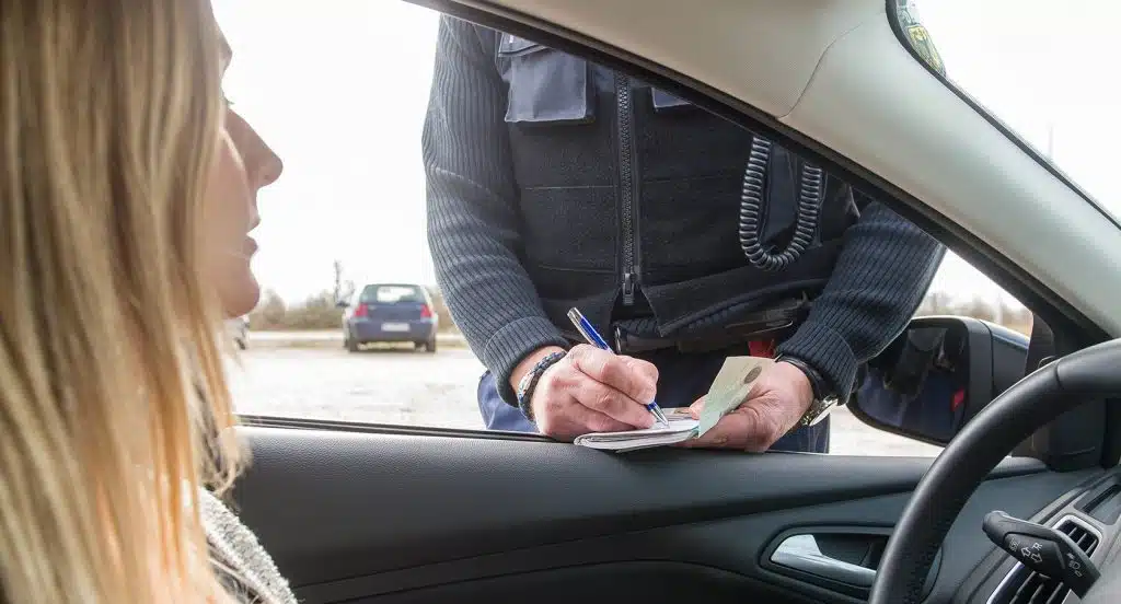 Polizist schreibt einer jungen Frau einen Strafzettel am geöffneten Fenster eines Fahrzeugs
