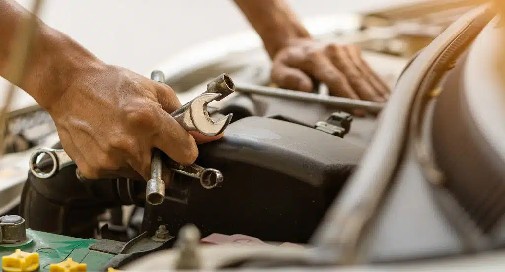 Eine Hand hält ein Werkzeug vor einem geöffneten Motorraum