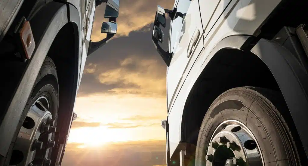 Zwei LKW nebeneinander vor dem Abendhimmel