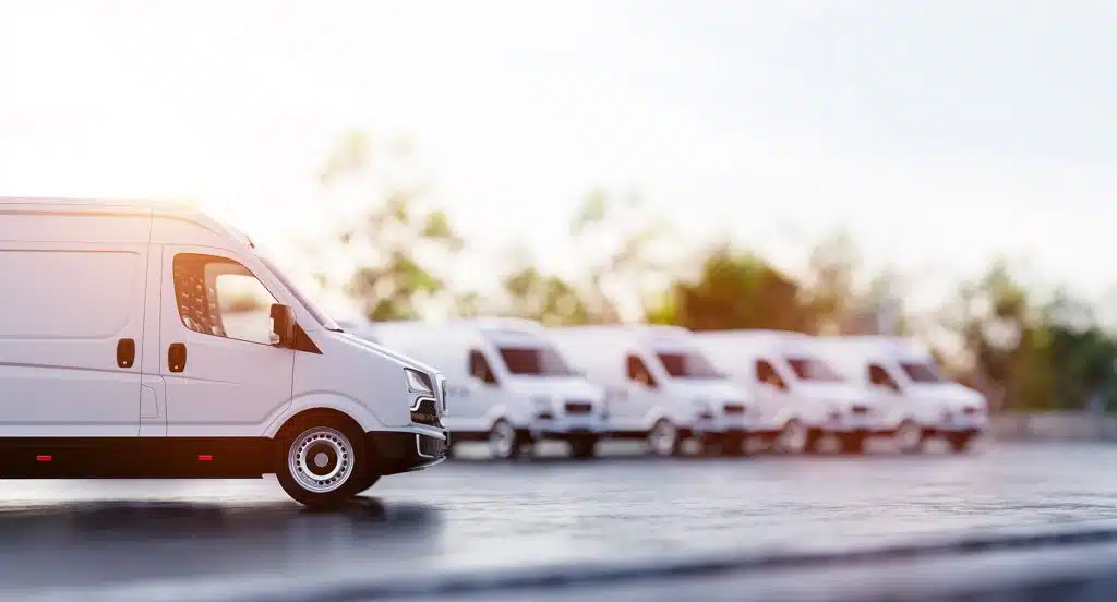 Mehrere parkende Lieferwagen auf einem großen Parkplatz