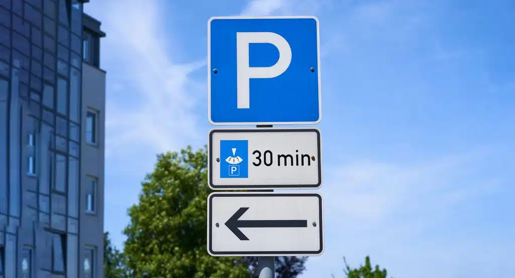 Straßenschild für Parkplatz mit Parkscheibe vor blauem Himmel