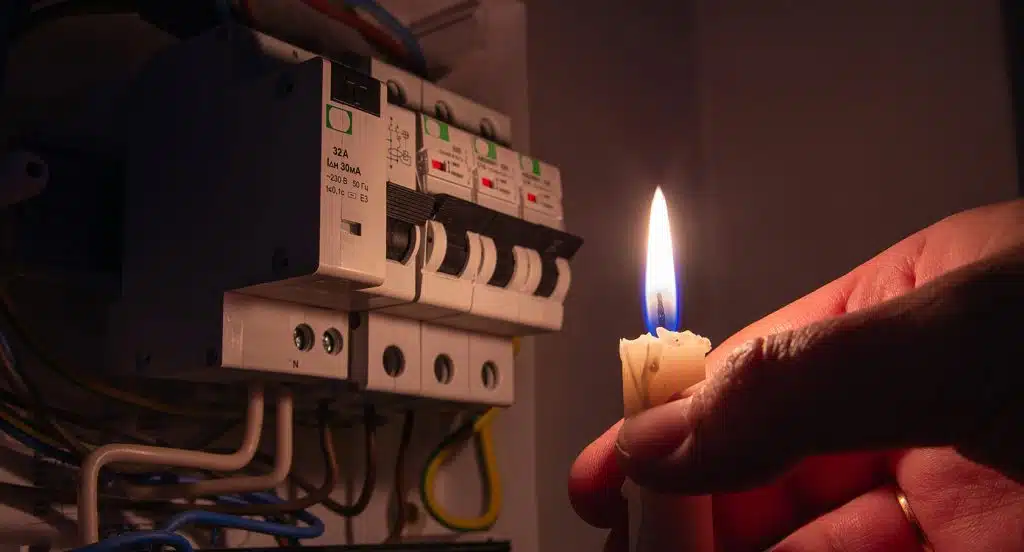Eine Hand hält eine Kerze neben einem Stromkasten