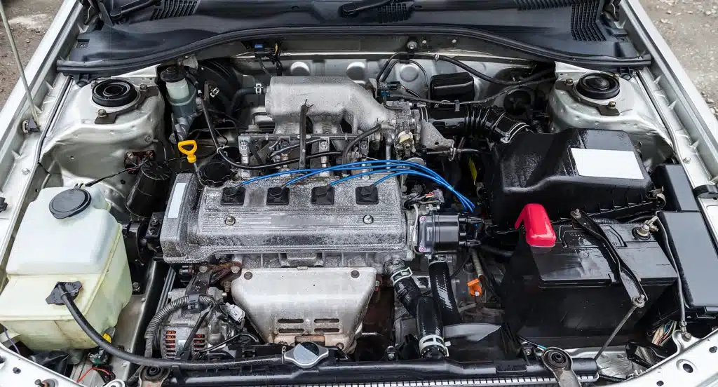 Verbrennungsmotor in einem geöffneten Motorraum eines Autos