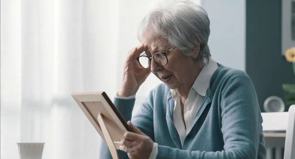 Seniorin betrachtet traurig ein gerahmtes Bild in ihrer Hand