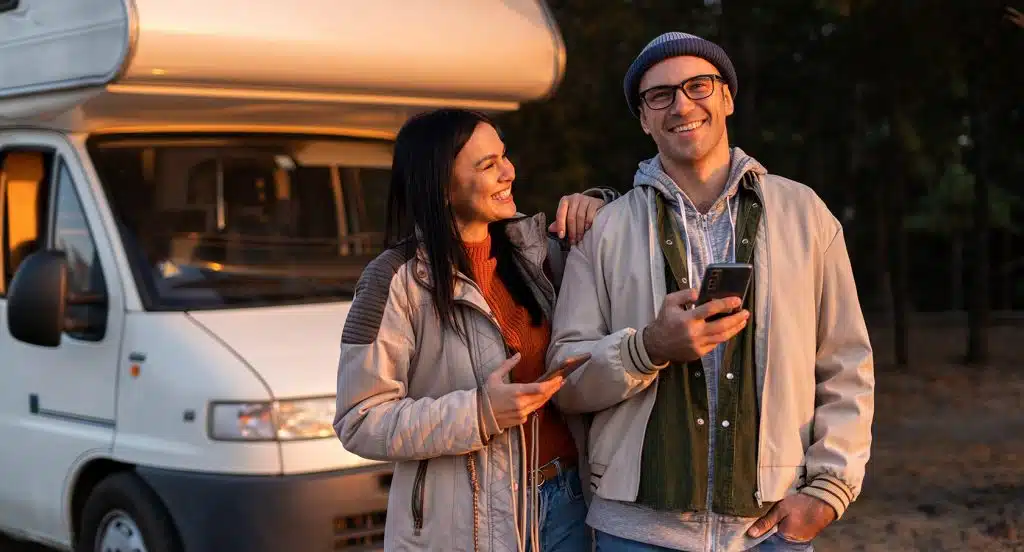 Junges Pärchen steht vor einem Wohnmobil mit dem Smartphone in der Hand