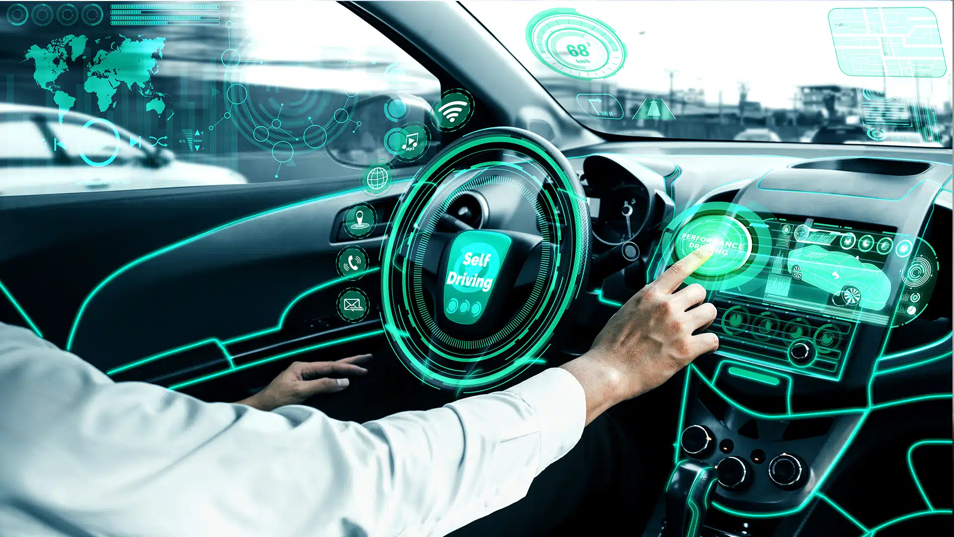 Männliche Hand tippt auf futuristisches Dashboard im Auto.