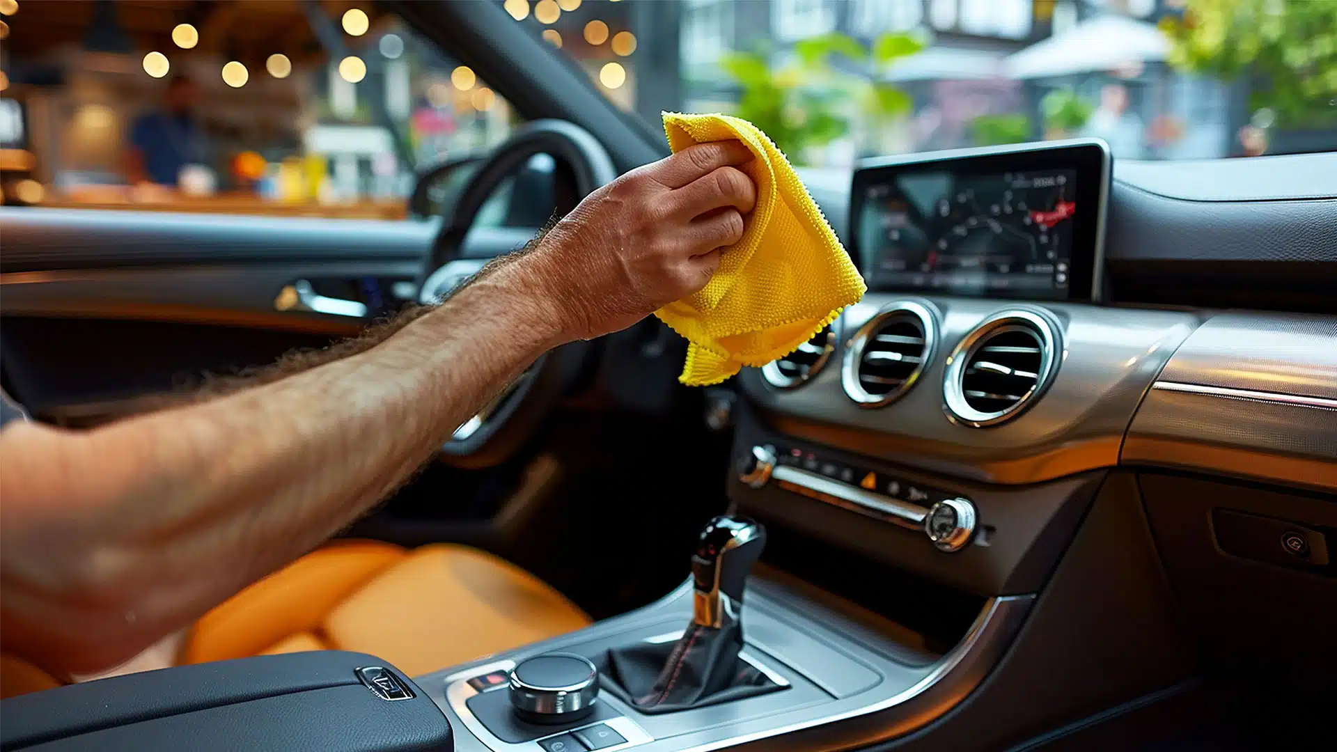 artikelbild-blog-Auto waschen im Winter Eine Hand mit einem Putzlappen staubt ein Auto-Cockpit ab