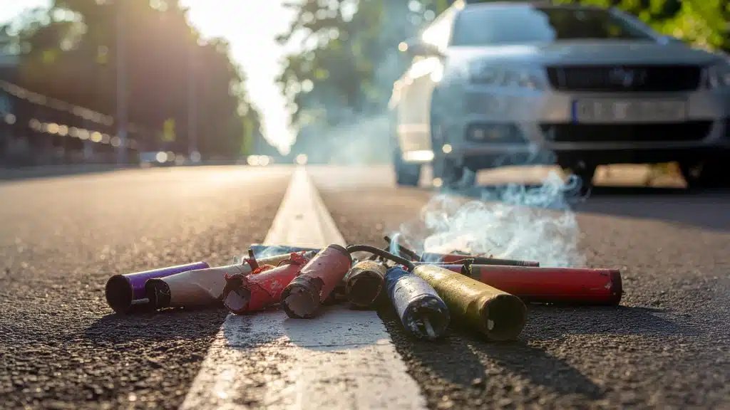 Glimmende Feuerwerkskörper vor Auto