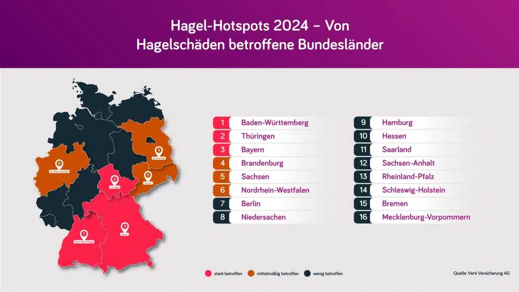 Von Hagelschäden betroffene Bundesländer